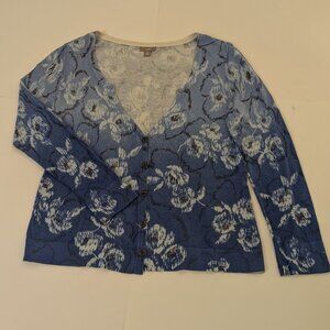 J. Jill Deep V Button Front Blue & White Floral Silk Blend Cardigan, Size SP